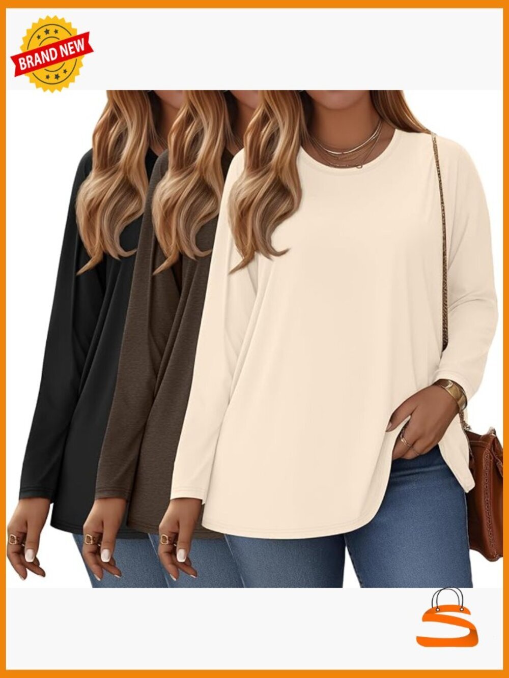 Plus Size Long Sleeve T-Shirt 3 Pack Crew Neck Loose Fit Tees